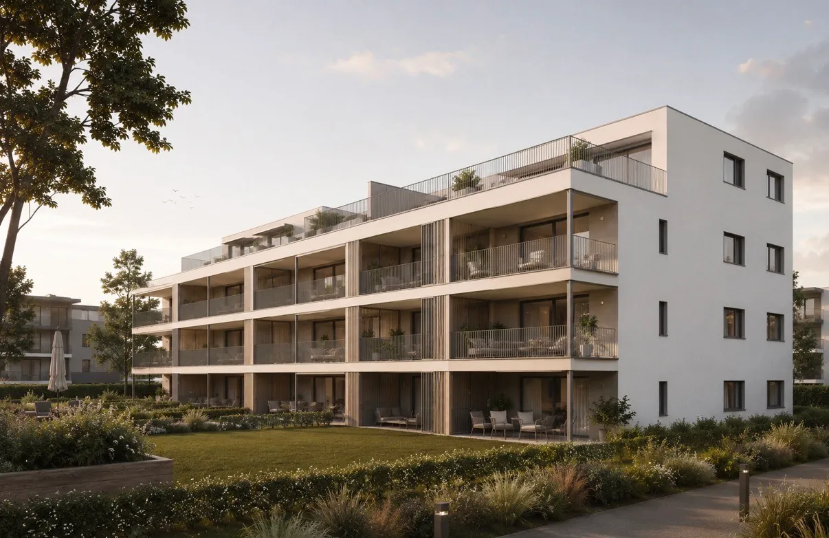 Wohnbau im Abendlicht — Aussenansicht · Wohnbau Visualisierung von Velaro Rendering
