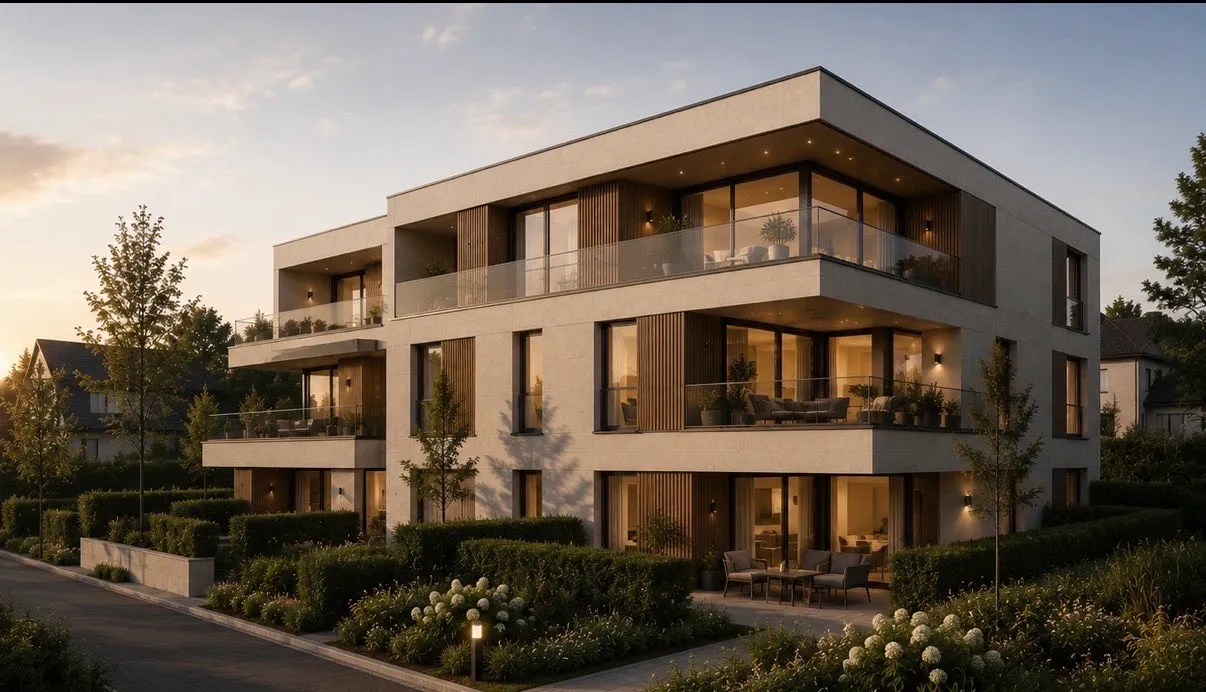 Wohnbau in der Abendsonne — Aussenansicht · MFH Visualisierung von Velaro Rendering