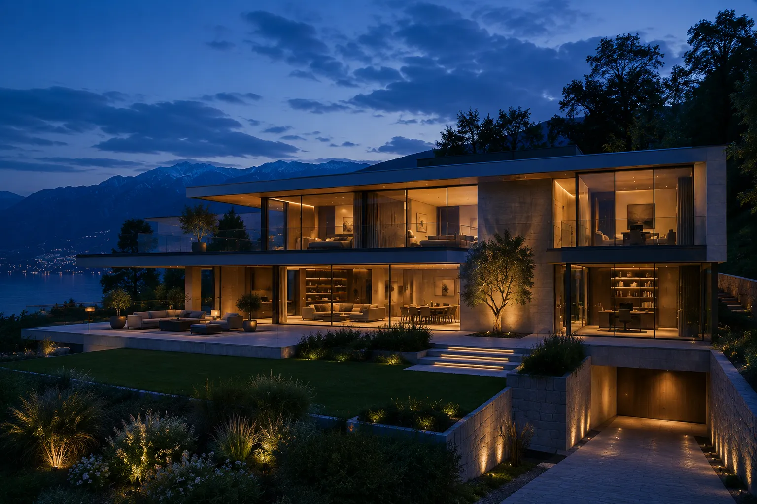 Aussenansicht Fassade — Villa am See blaue Stunde
