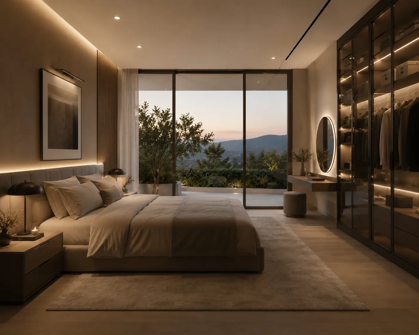 Schlafzimmer in der Dämmerung — Innenraumvisualisierung Velaro Rendering