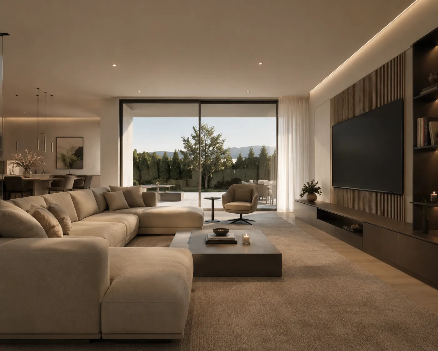 Wohnzimmer am Abend — Interior · Wohnen Visualisierung von Velaro Rendering