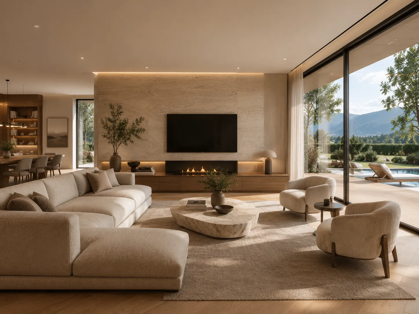 Wohnzimmer mit Kaminwand und Gartenblick — Velaro Rendering
